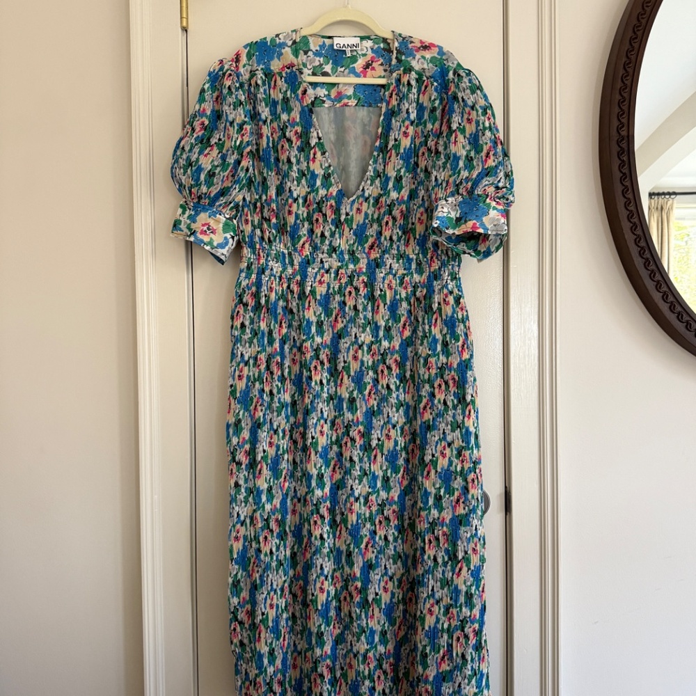 Ganni V Neck Dress in Floral Azure Pleated Georgette